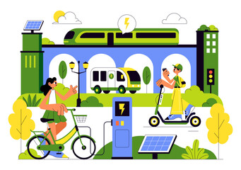 Eco Friendly Transportation Illustration featuring the Combination of Multiple Travel Modes for Efficiency in Urban Transport Methods in a Background