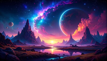 Colorful alien landscape at sunrise