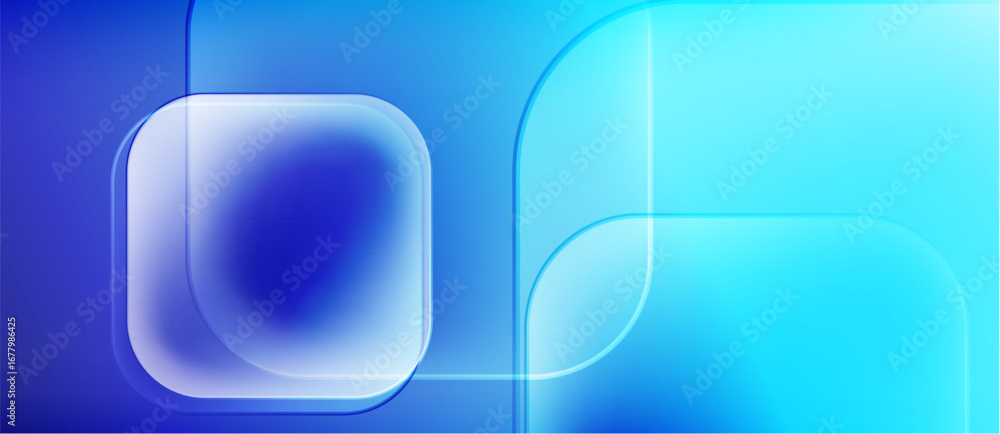 Poster abstract blue shapes overlap, creating luminous gradients. soft edges suggest depth, modern design e