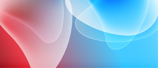 Obraz premium Abstract fluid shapes blend, creating vibrant color gradients. Red transitions to blue via pink, gray tones. Smooth curves dominate composition.