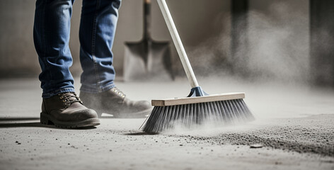 Person sweeping dusty floor indoors using a broom with work boots on.