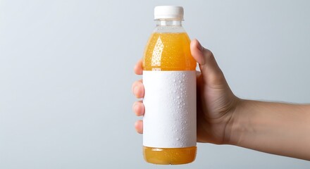 Minimalist mockup of a hand holding a plastic orange juice bottle with white cap on pastel background.