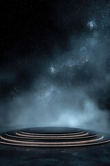 Fototapeta premium Dark, circular platform with glowing lines against a starry night sky