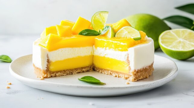 Fresh Mango Layer Cake with Lime and Green Garnish on Plate