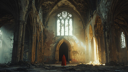 Mysterious Woman in Red Cloak in Abandoned Gothic Church