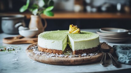 Fresh Mint Cheesecake on Wooden Board with Slices Cut and Decorated