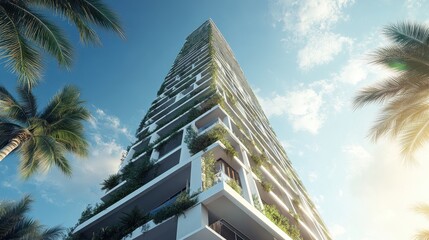 Obraz premium Modern tall building with green plants, blue sky and palm trees. Showcasing eco friendly design and the tropical luxury lifestyle.