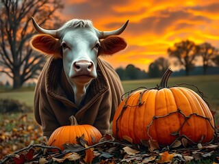 a cow with pumpkins during the autumn