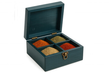 Open teal wooden box containing four compartments filled with colorful spices, isolated on a transparent background