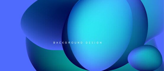 Abstract fluid shapes overlap, creating vibrant blue gradients. Design evokes movement, depth, modern aesthetic. Background features text.