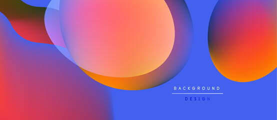 Abstract fluid shapes blend vibrant colors. Orange, pink, blue gradients create modern background design. Smooth transitions, dynamic composition.