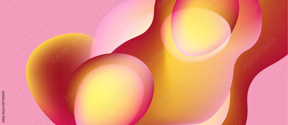 Poster abstract shapes overlap, creating warm color gradients. pink background complements orange, yellow h