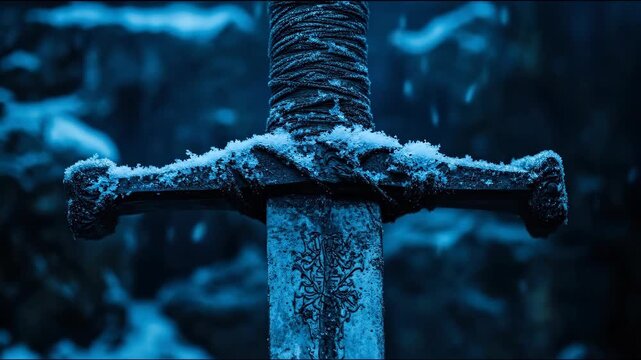 Snowy sword hilt in the cold, blue winter light with frosted handle wrap
