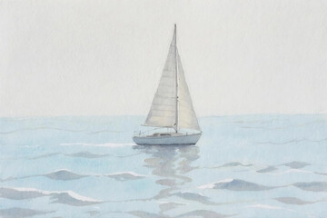 Watercolor illustration of sailing boat on calm sea, hand-drawn soft brush strokes