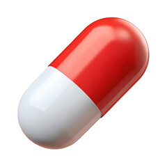 Close up of a red and white pharmaceutical capsule isolated on transparent background