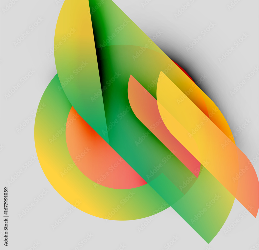 Poster abstract colorful shapes overlap, creating dynamic visual effect. gradients blend yellow, orange, gr