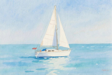Watercolor illustration of sailing boat on calm sea, hand-drawn soft brush strokes