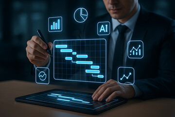 Fototapeta premium A business professional is managing a project with the help of artificial intelligence to generate a business plan