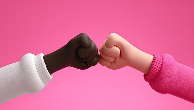 Diverse 3D cartoon hands giving a friendly fist bump on a pink background representing unity and agreement.