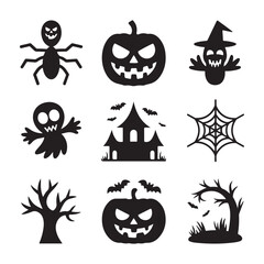 Collection of halloween icons featuring spooky silhouettes of pumpkins ghosts spider and haunted house silhouette