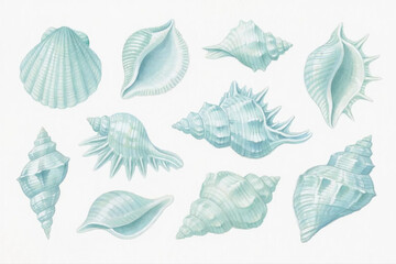 Hand-drawn watercolor seashell collection, detailed textures on white background
