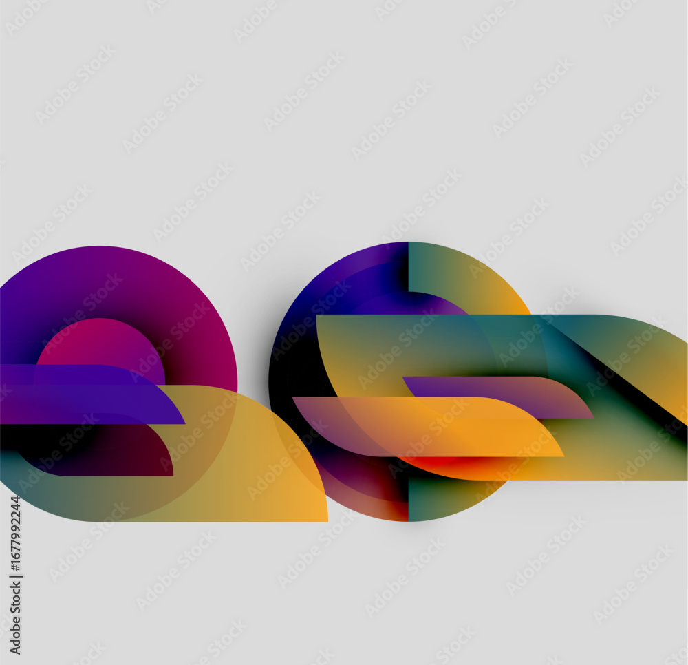 Poster abstract shapes overlap, creating vibrant color gradients. design features smooth transitions, moder