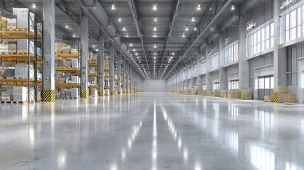 Obraz premium Spacious Clean Warehouse Interior with High Ceilings and Bright Light