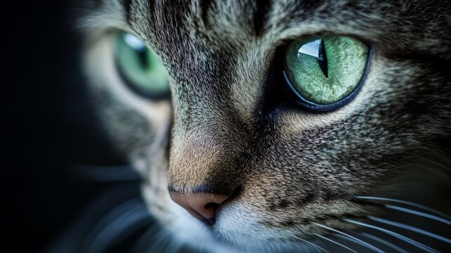 Closeup of a cat's green eyes with a dark background