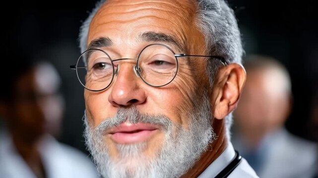 Doctor shares insights with colleagues in a busy hospital during a medical conference at noon