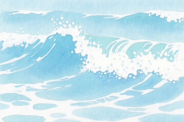 Hand-drawn watercolor illustration of ocean waves with soft blue texture and white foam details