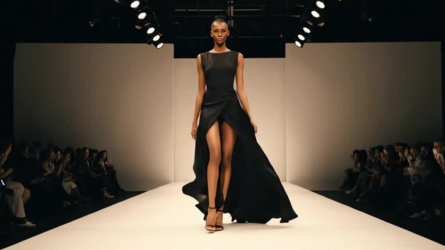 4k video of a model in a black gown walking a runway, high fashion photoshoot with dramatic lighting, elegant and sophisticated mood, against a white backdrop, full