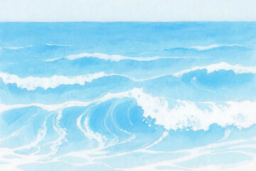Hand-drawn watercolor illustration of ocean waves with soft blue texture and white foam details