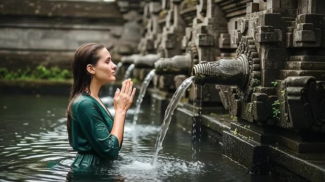 Young Woman Praying In Temple Pool With Green Dress and Flowing Water in Bali Indonesia