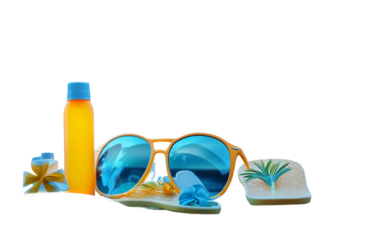 Sunglasses flip flops and sunscreen placed on dashboard for a summer road trip vibe isolated on transparent background PNG