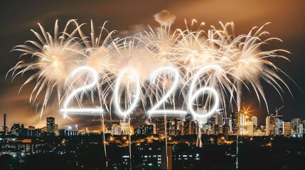 New Year Fireworks Celebration Over City Skyline with Bright Sparkles and Illuminated Numbers 2026