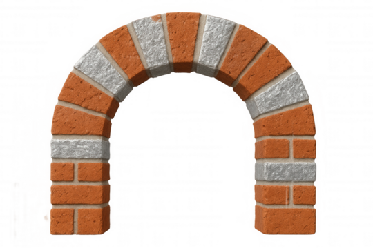 Red, gray brick archway creating semicircular architectural element, showcasing structural design detail against transparent background