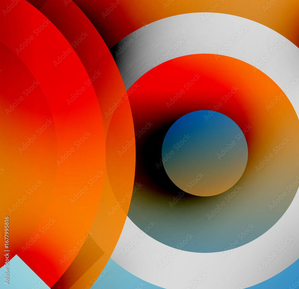Poster abstract composition featuring overlapping circles. warm colors dominate, contrasted by cool blue to