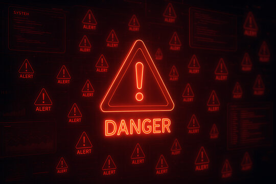 danger and alert symbol on dark background of technology with glowing red light, cyber security and network protection, data and system warning