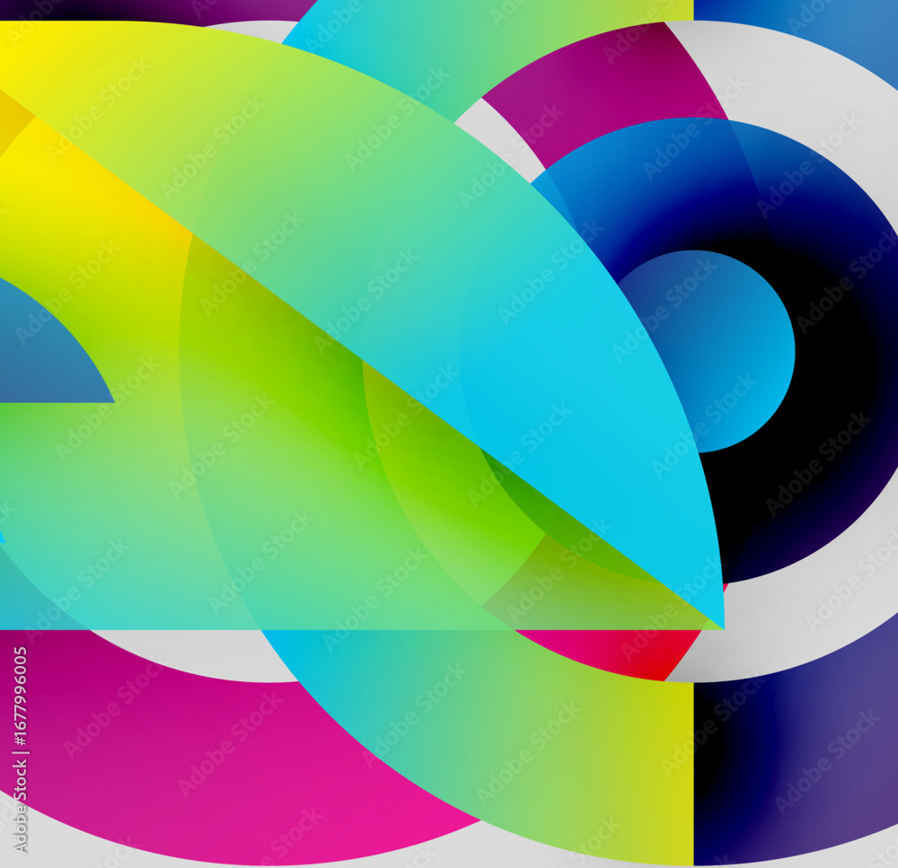Poster abstract composition. overlapping colorful arcs create dynamic visual effect. bright hues blend, for