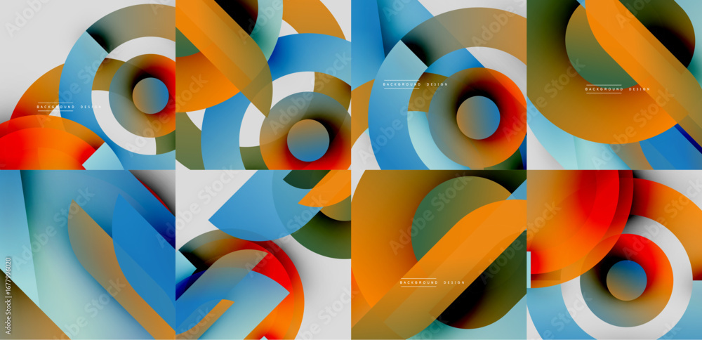 Poster abstract colorful designs feature overlapping circles, creating dynamic visual patterns. smooth grad