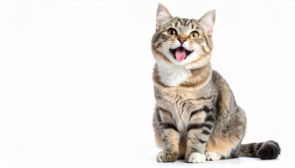 Obraz premium An adorable tabby cat with a happy expression, mouth open and tongue out, sitting on an isolated white studio background with copy space