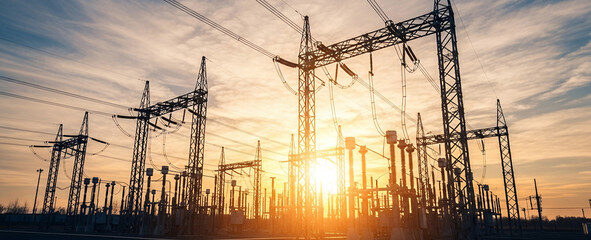 Electrical power lines and pylons against a bright sunset or sunrise sky.