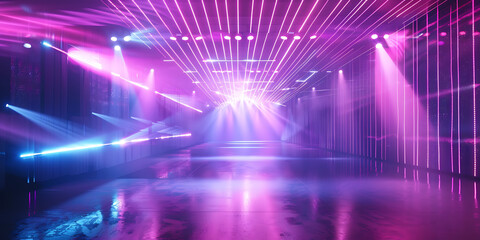 Dynamic stage lighting with vibrant pink and blue beams creating an energetic atmosphere.