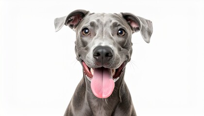 A realistic studio portrait of a happy grey dog smiling with its tongue out, isolated on a clean white background for copy space