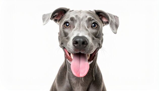 A realistic studio portrait of a happy grey dog smiling with its tongue out, isolated on a clean white background for copy space