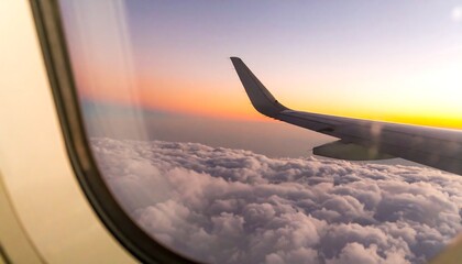 Airplane window view of sunset over clouds