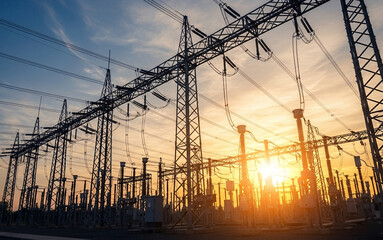 Electrical power lines and towers against a sunset sky.