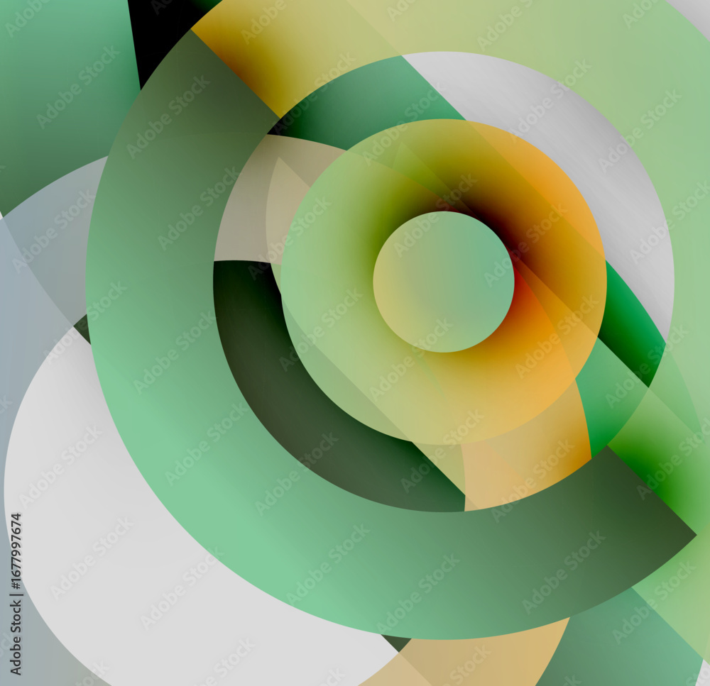 Poster abstract concentric circles, muted greens, oranges, whites. overlapping shapes create dynamic visual