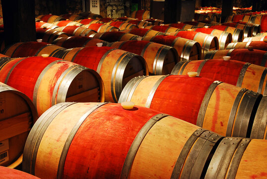 Wine ages in wooden barrels in a cellar in the Napa Valley