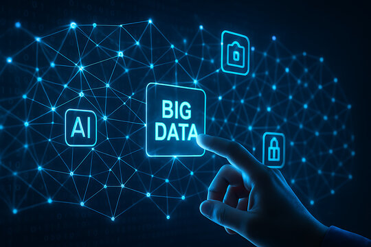 hand points to a big data icon in a technological network, connecting AI and other data icons, highlighting modern data analytics and global communication